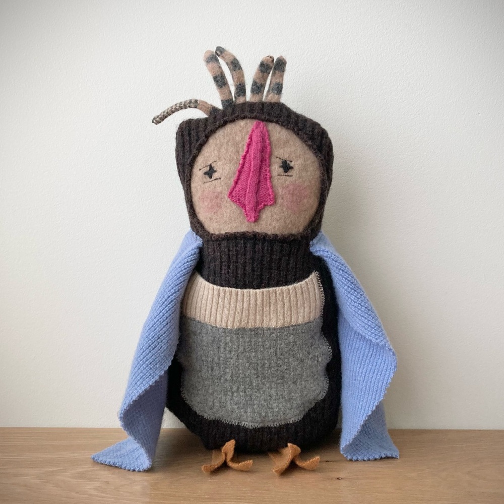 joodito owl bird reclaimed wool handmade pillow creature folk art doll brown